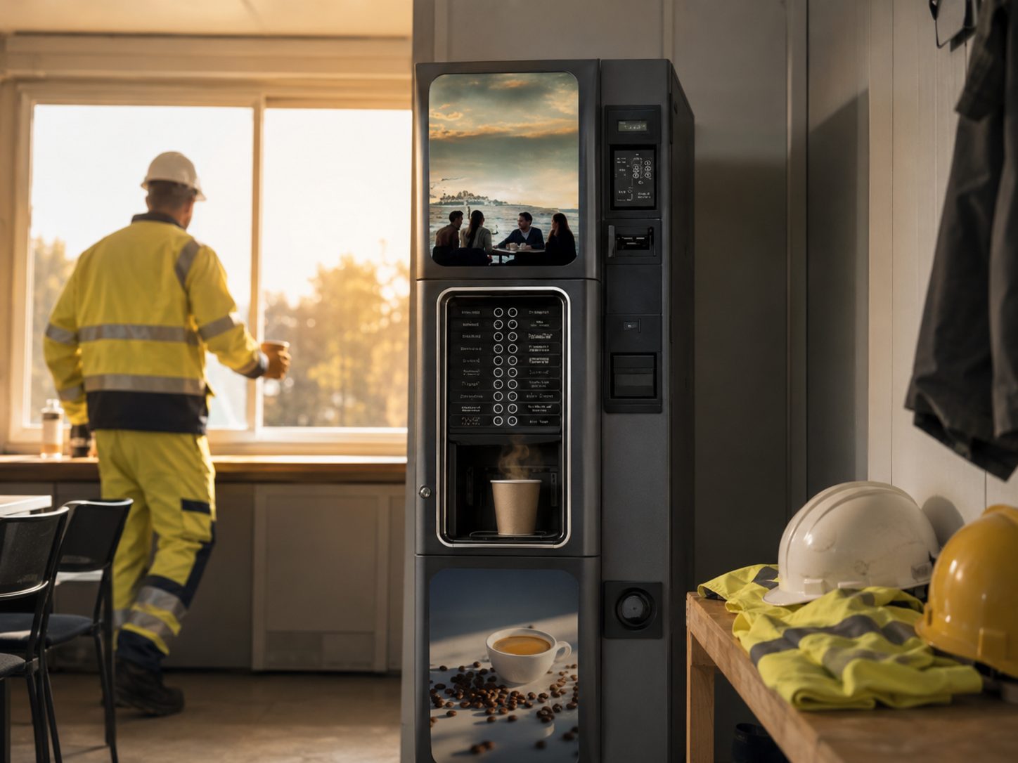 Machine à café Kacians dans une base vie de chantier au petit matin