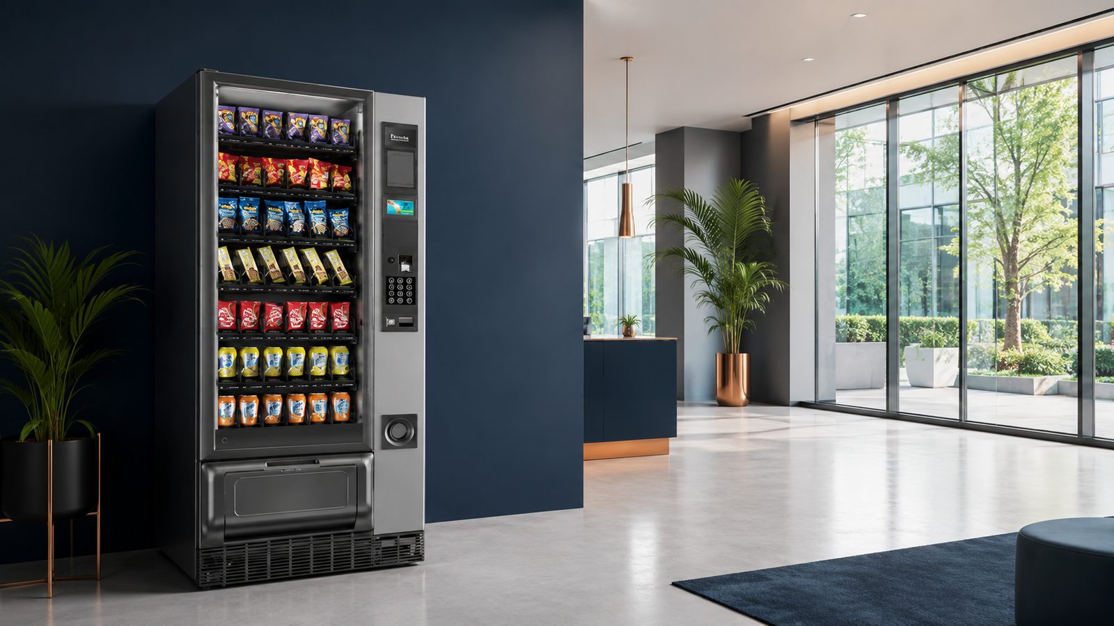 Distributeur de boissons et snacks Kacians dans un hall d'entreprise lumineux